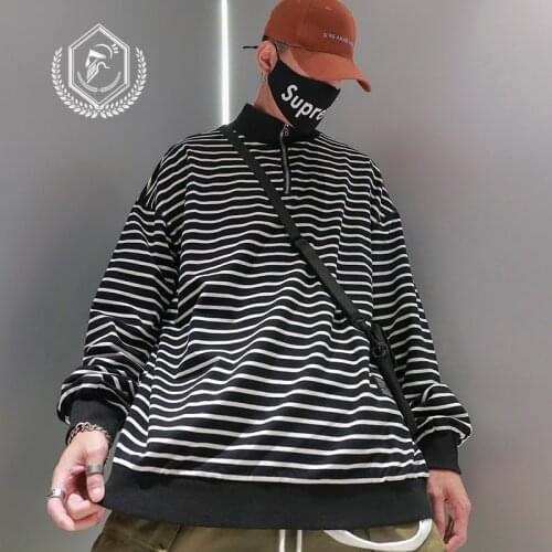 Men Fashion Loose Stripe Print Casual Pullover Hip Hop Sweatshirts