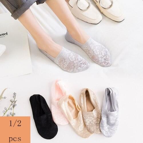 1/2 Pairs Fashion Women Girls Summer Socks Style Lace Flower No Show Short Sock Antiskid Invisible Ankle 2021 Sox Sock Slippers