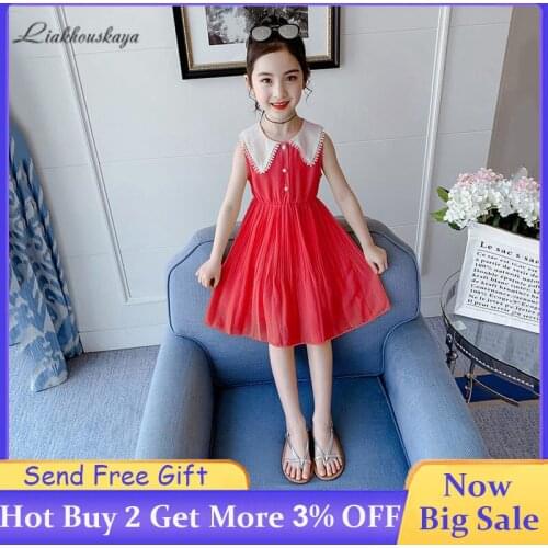 2020 Girls Dresses Kids Sweet And Cute Dress Girls Fashion Lace Chiffon Lapel Dress Elegant Princess Dress Cute Casual Dresses