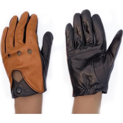 Kimobaa man colorblock real sheep leather motor unlined gloves brown and black