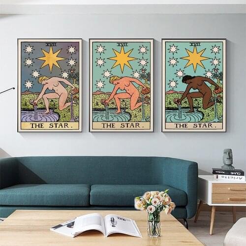 The Star Tarot Card Print Poster Woman with Black Yellow Skin Picture Watercolor Abstract Canvas Painting Living Room Decor