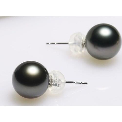 Free shipping stunning AAA10-11mm tahitian round black pearl earring