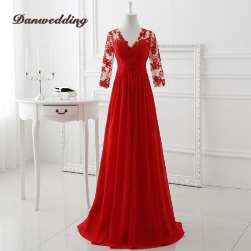 Simple Chiffon A-Line Evening Dress V-Neck 3/4 Long Sleeve Lace Applique Prom Dress Illusion Back Girl Party Gown Covered Button