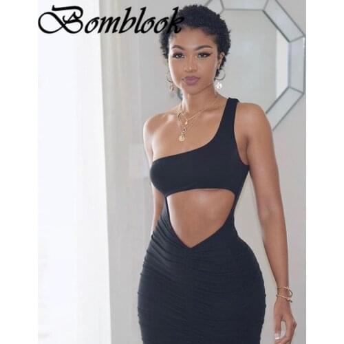Bomblook Sexy Party Club Bodycon Dresses For Womens 2021 Summer Clothing Solid Single Shoulder Cut Out MixiDress Female Outfits
