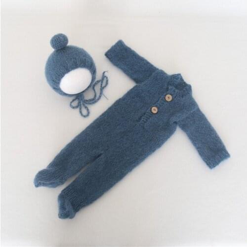 Blue Newborn Footed Romper Set Cute Pom Baby Hat Stretch Mohair Newborn Outfit Photo Prop Cap Knitted Jammies Baby Bonnet Props