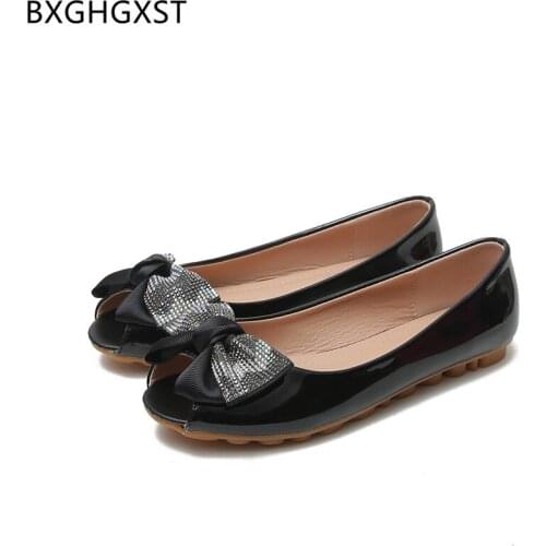 Leather Casual Shoes Woman Black Boat Shoes for Women Peep Top Fashion Loafers Flat Shoes Women Butterfly-knot Crystal Chaussure