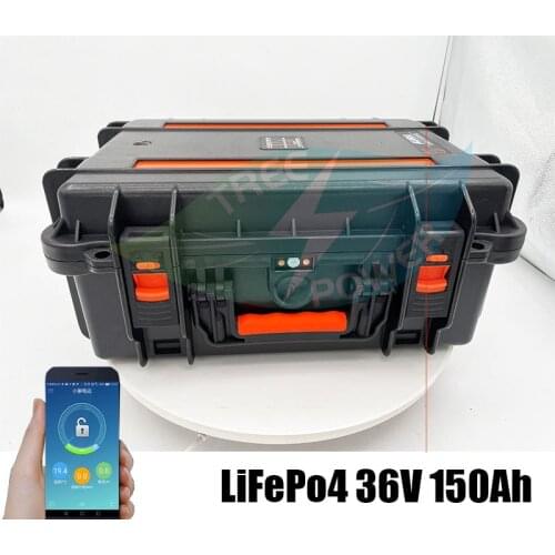 Waterproof 36V 150Ah LiFepo4 lithium battery pack BMS with LED display USB fishing boats solar system motor EV RV+10A charger