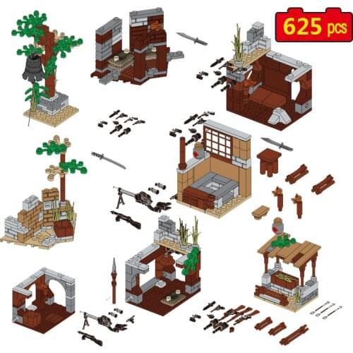 Military Series WW2 Ruin battle scene Soldier simulation training base Mini weapon DIY Model Building Blocks Bricks Toys Gifts