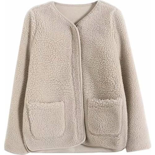 Women winter fleece jacket coat pockets v neck long sleeve fleece coat streetwear casual short warm coat jacket