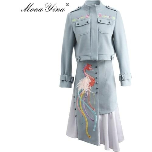 MoaaYina Fashion Designer Set Spring Summer Women Long sleeve Embroidery Windbreaker jacket Coat+feathert Skirt Two-piece set