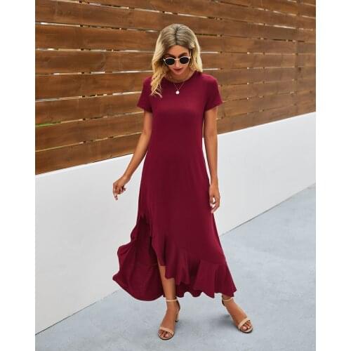 New solid color round collar short sleeve ruffled edge women irregular dress