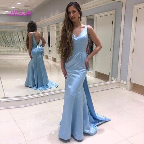 Light Sky Blue V-Neck Evening Dress Sexy Backless Bow Back Mermaid Satin Prom Gowns Full Length Party Dress Robe De Soiree