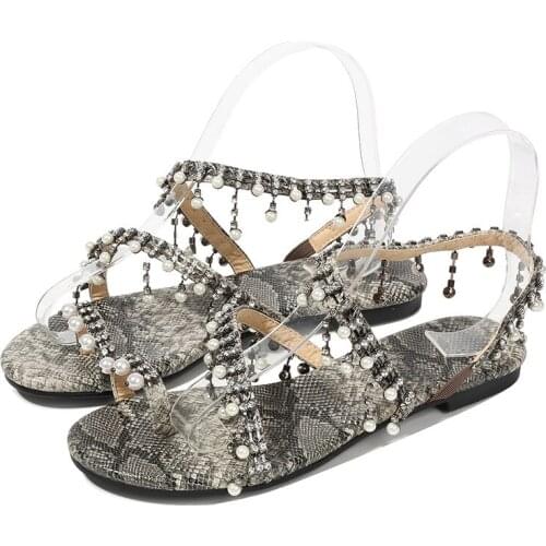 2021Sagace Womens Snake Print Non-slip Breathable Flat Beading Open Toe Shoe Light Sandalslow Heel Sandals35-42