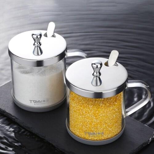 350ml Kitchen Seasoning Box with 304 Stainless Steel Lid Spoon Sugar Bowl Cans Spice Jar Salt Pepper Storage Container Organizer
