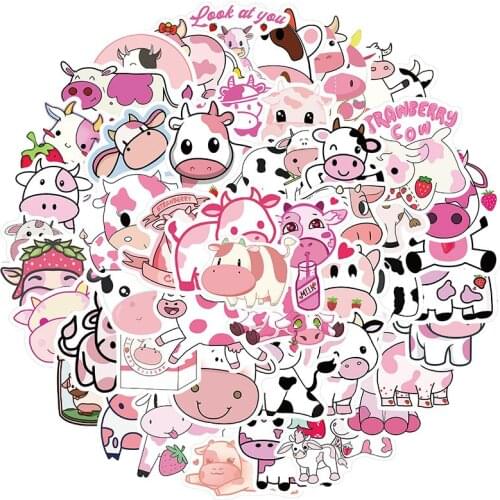 50PCS Cute Strawberry Cow Animals Cartoon Sticker For Laptop Skateboard Luggage Refrigerator Decals Graffiti Stickers