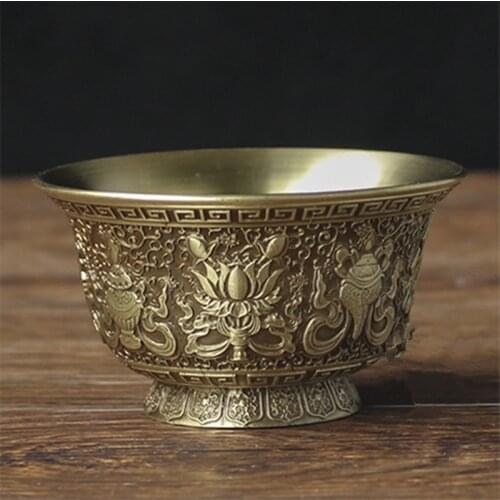 Auspicious Exquisite Tibetan Buddhism Brass Carving Tall Cup Pray Buddha Polished Sacred Bowl Home Decorations