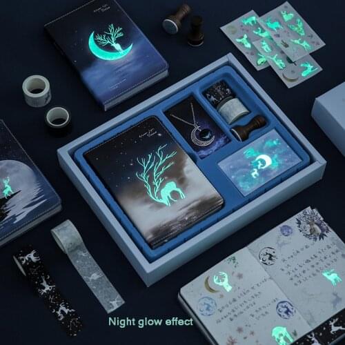 Luminous Hand account notebook Set Gift Box Colored Inside Page Diary Handbook kawaii Sticker necklace seal student Notepad Girl