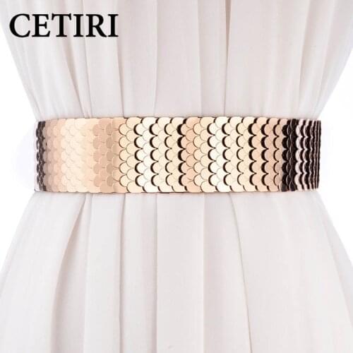 CETIRI 5cm Width Sexy Lady Gold Belt Elastic Metal Mirror Belt Fashion Women High Quality Waistband Cummerbunds European Style