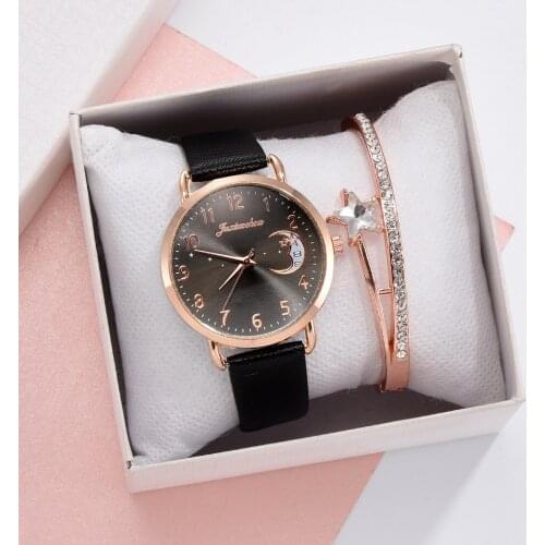 Women Watch Moon Numbers Dial Bracelet Watches Set Ladies Leather Strap Quartz Wristwatch Women Female Clock Relogio Mujer 2021