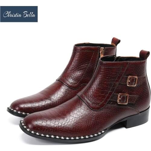 Christia Bella Winter Fashion Men Boots Brown Genuine Leather Party Dress Boots Male Buckle Cowboy Ankle Boots Plus Size Shoes