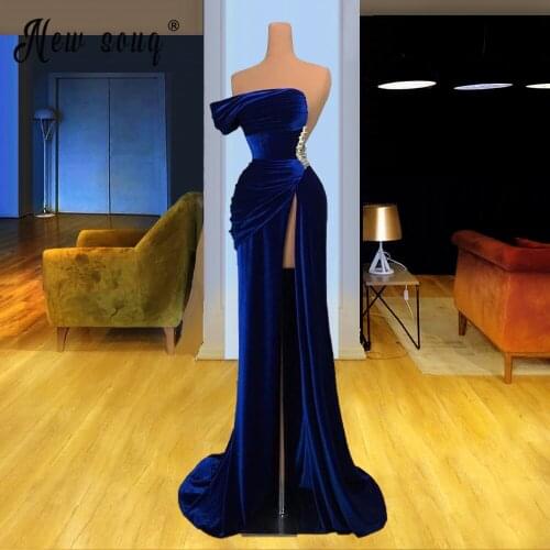Robe de Soiree Elegant Navy Blue Evening Dress Dubai Rhinestone Party Gowns Velet Celebrity Dresses Formal Split Side 2021