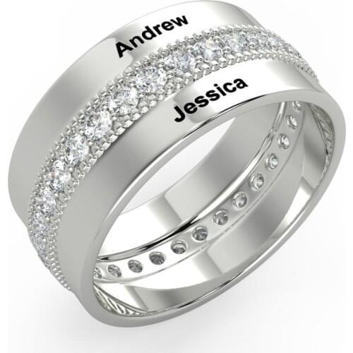 Custom Engagement Rings For Women Silver color Bling CZ Stone With 2 Engraved Names Personalized Gift