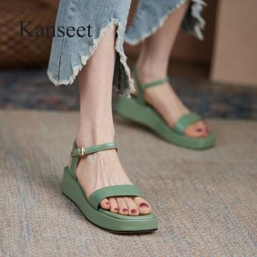 Kanseet Sandals Shoes Women 2021 Summer Flat Platform Sandals Genuine Leather Sandals Square Toe Casual Ladies Footwear Green