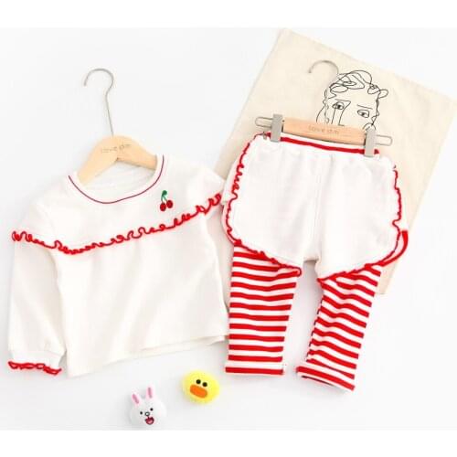 Toddler Girls Clothing Sets Autumn Cotton Wooden Ear Long Sleeve Tops Striped Fake Two Pieces Pants Sport Suit Kids Tracksuit