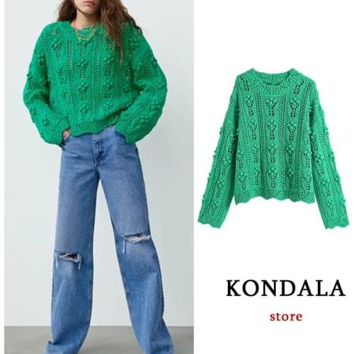 KONDALA Za 2021 Casual Fashion Green Hollow Out Women Sweater Sexy Ball Ornament Oversized Knitted Pullovers Autumn Elegant Tops