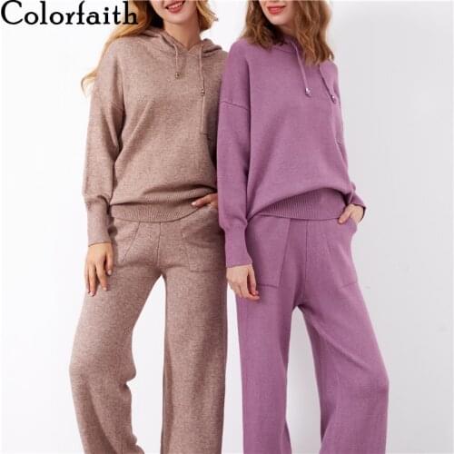 Colorfaith 2020 Autumn Winter Women Sets 2 Pieces Hooded Sweater Pullovers Wide Leg Long Pants Warm Tracksuit Suits WS1222JX