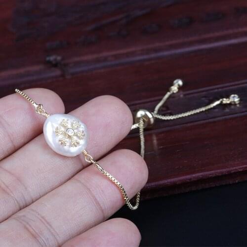Tiny gold snow snowflake charm freshwater pearl bead charms dainty link bracelets for women wedding birthday gift DIY