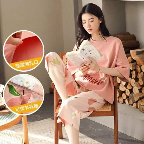Summer Cotton Pregnant Loose Confinement Clothes Short-Sleeved Pajamas Set Home Cropped Trousers Postpartum Nursing Pajamas
