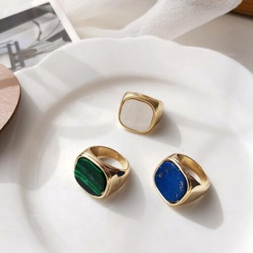 Gold Plated Marble Shell Enamel Rings Men Vintage Ring Punk Classic Green Drip Imitation White Blue Stones Male Female Ring