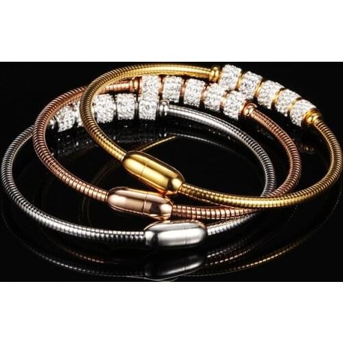 New Fashion Bling Zirconia Magnet Clasp Titanium Stainless Steel Bracelet Bangle Jewelry For Women
