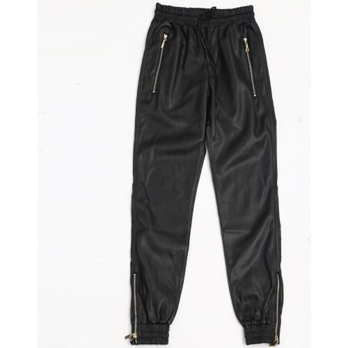 #2209 Autumn Winter Motorcycle Jogger Pants Casual Pencil Harem Faux Leather Pants Men Zipper Elastic Waist Stretch PU Pants