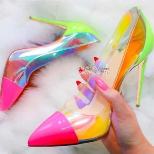 Sexy Iridescent PVC Pumps Mixed Color Stiletto Heel Shallow Dress Shoes 8cm 10cm 12cm Wedding Banquet Shoes Bride Size 45
