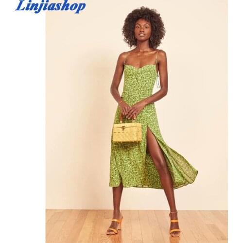 Fashion summer dress women sleeveless elegant holiday backless beach floral print lining split green midi dress femme vestidos
