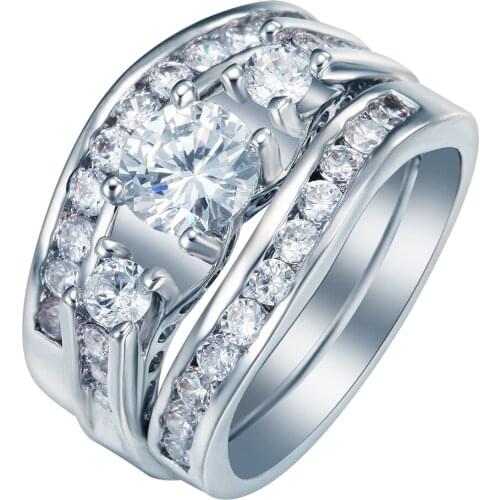 Silver plated set Jewelry white cz Zirconia Ring fashion simple Wedding Engagement Ring Band Ring For Women engrave ring jewelry