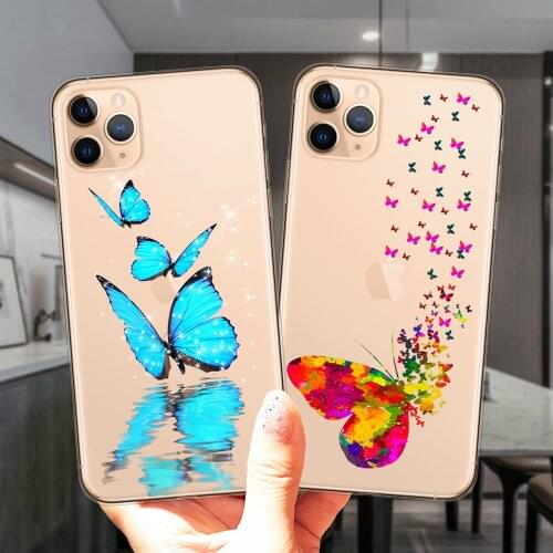 Cute Blue Beautiful Butterfly Clear Soft Silicone Phone Case Cover For iPhone 12 Mini 11 Pro XS Max 6S 7 8 Plus X XR 5S SE 2020