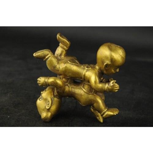 Chinese brass Wealth Yuanbao Double Tongzi Kid Dance Up And Down Sculpture