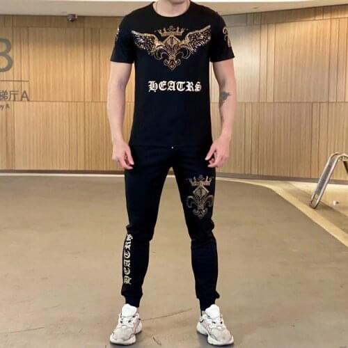 Asian Famous Brand Sportswear Summer High-Quality Printing Hot Diamond Cartoon O-Neck T-Shirt + Trousers Handsome Men