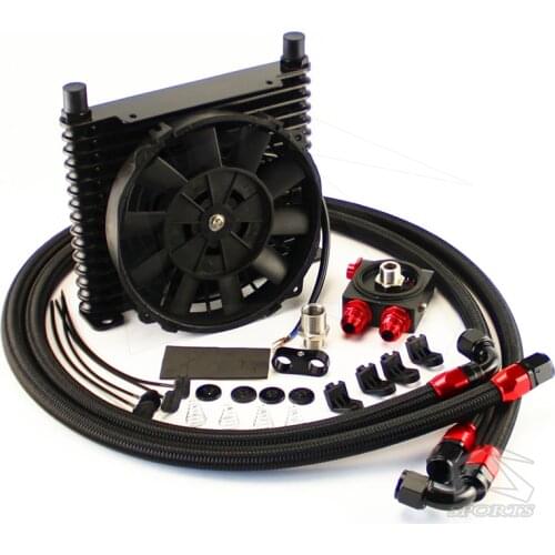 10AN 32MM 15 Rows Universal Engine Oil Cooler+73 degree Thermostat Sandwich Plate kit +7" Electric Fan Black