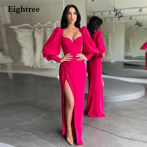 Eightree Fuchsia Long Mermaid Side Slit Evening Party Dresses Sweetheart Long Puff Sleeves Floor Length Button Formal Gowns