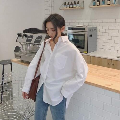 Sutimine 2021 Spring Women Shirts Pink Plain Loose Oversized Blouses Female Tops Office Button Long Sleeve White Blouse Pockets