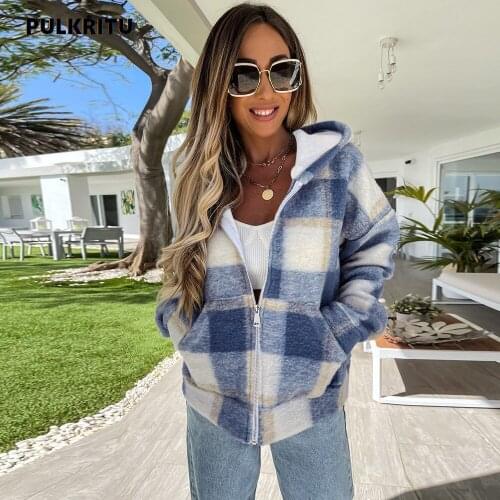 Pulkritu Women Plaid Long Sleeve Hooded Zipper Up Jacket Autumn Winter Basic Streetwear Fashion Tops