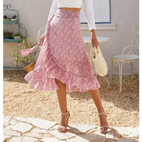 2021 New Womens Irregular Wrap Skirts Low Waist Boho Floral Printed Midi Skirts Ruffles Sweet Summer Long Chiffon Skirts