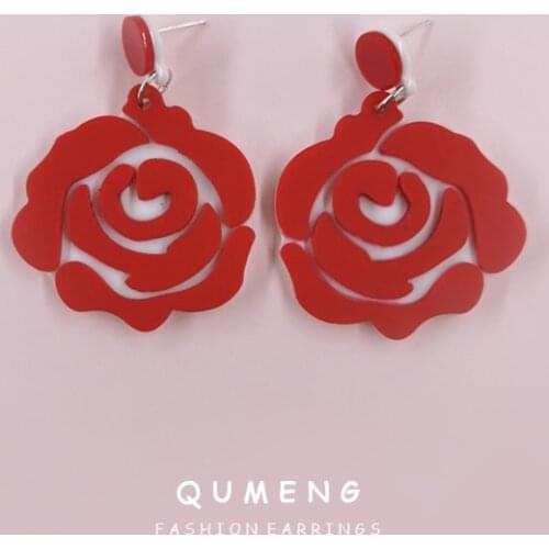 QUMENG 2021 New Exaggerated Sexy Red Rose Flowers Matte Acrylic Long Pendant Earrings For Women Fashion Wedding Party Jewelry