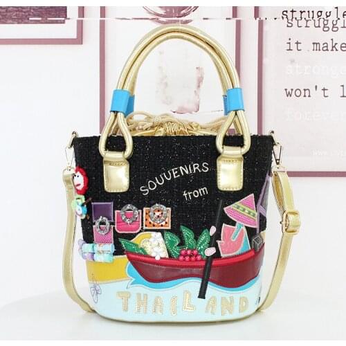 Women Bags Canvas Patchwork Embroidery Handbags Girl Shoulder Bags Messenger Bag Totes Braccialini Style Thai Scenery