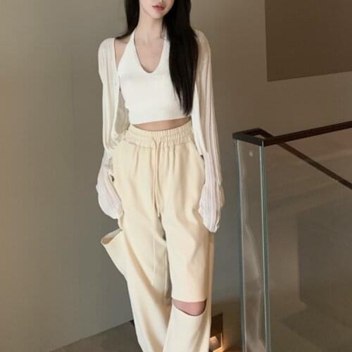 Korean Fashon Casual Knit Cardigan + Camisole + Pant Suits Female Short Sweater Coat + Vest + Trousers 3pcs Sets Women Outfits