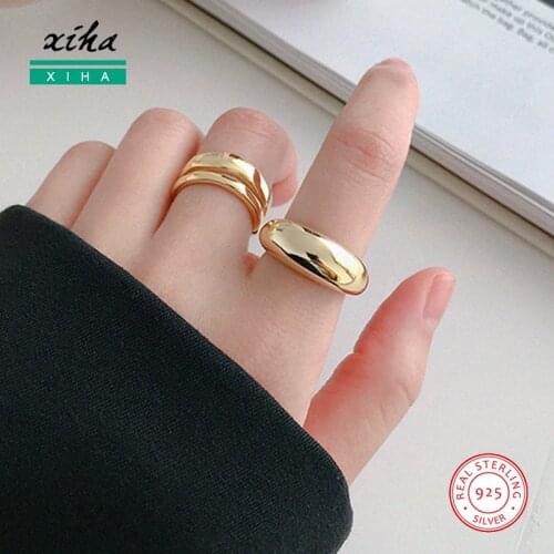 Gold Color Real 925 Sterling Silver Rings for Women Wide Thick High Polished Open Adjustable Ring Chunky Statement Jewelry 2020